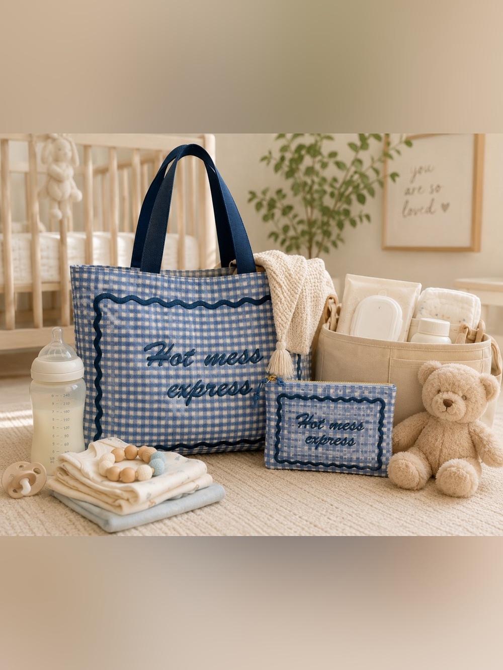 Lady Delaney | Blue Gingham Embroidered 'Hot Mess Express' Tote Bag Set - Picture 6 of 14